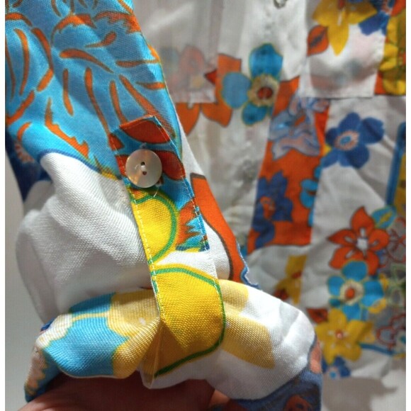 Multiples Small Sheer Bright Floral Button Front Blouse Pockets Roll Tab Sleeves - Picture 9 of 13